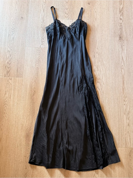 Victoria's Secret Dresses & Skirts - Vintage Victoria's Secret black maxi silk dress with lace trim and slit
